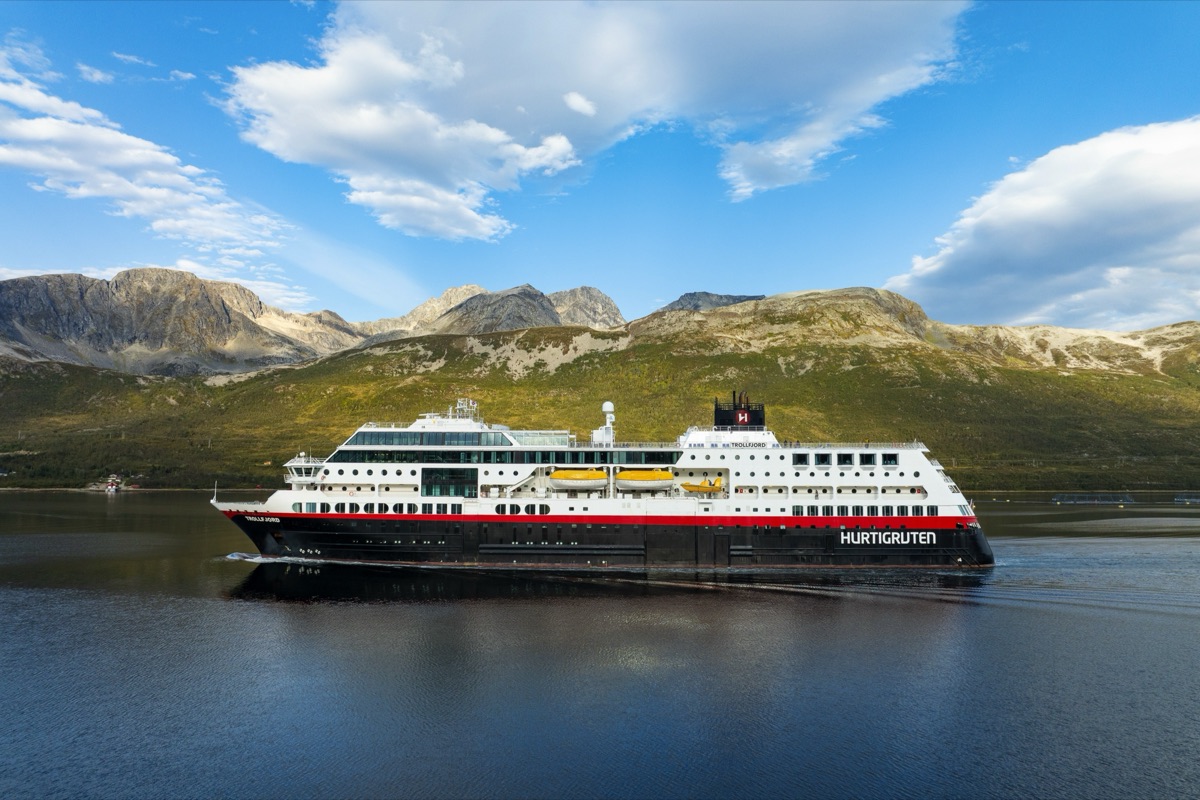 MS Trollfjord sailing along the Norwegian coast