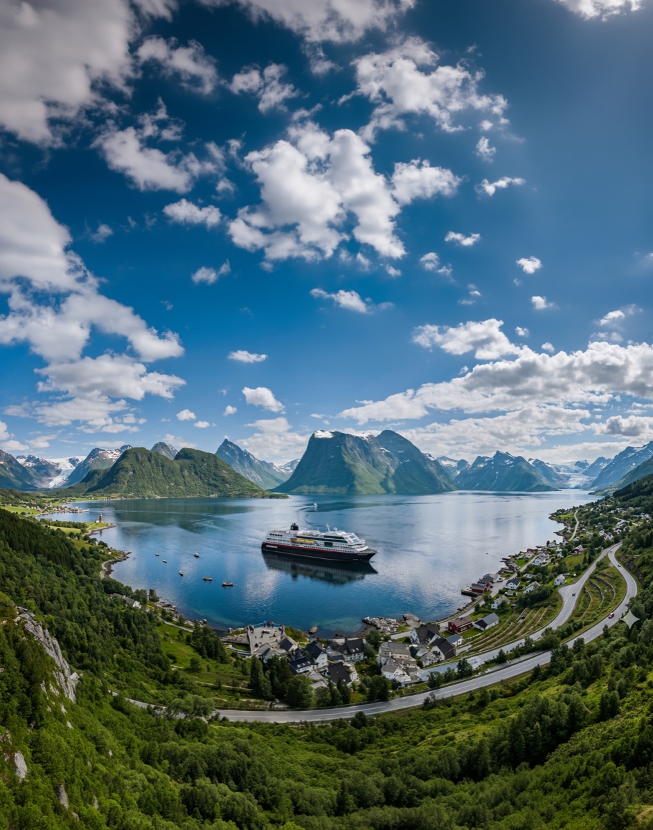 Hurtigruten ship anchored in a Norwegian fjord below green mountains
