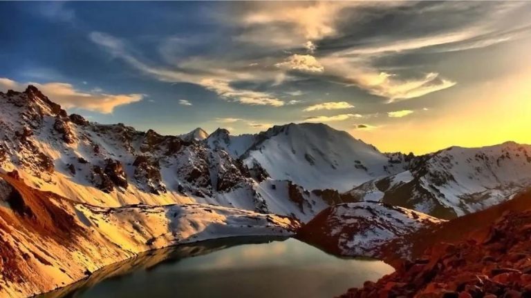 Sunset over mountain lake