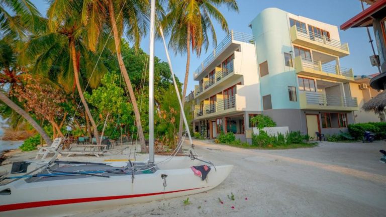 beach beside a building